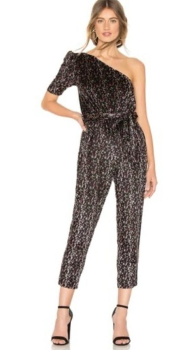 Tularosa black velvet floral one shoulder jumpsuit